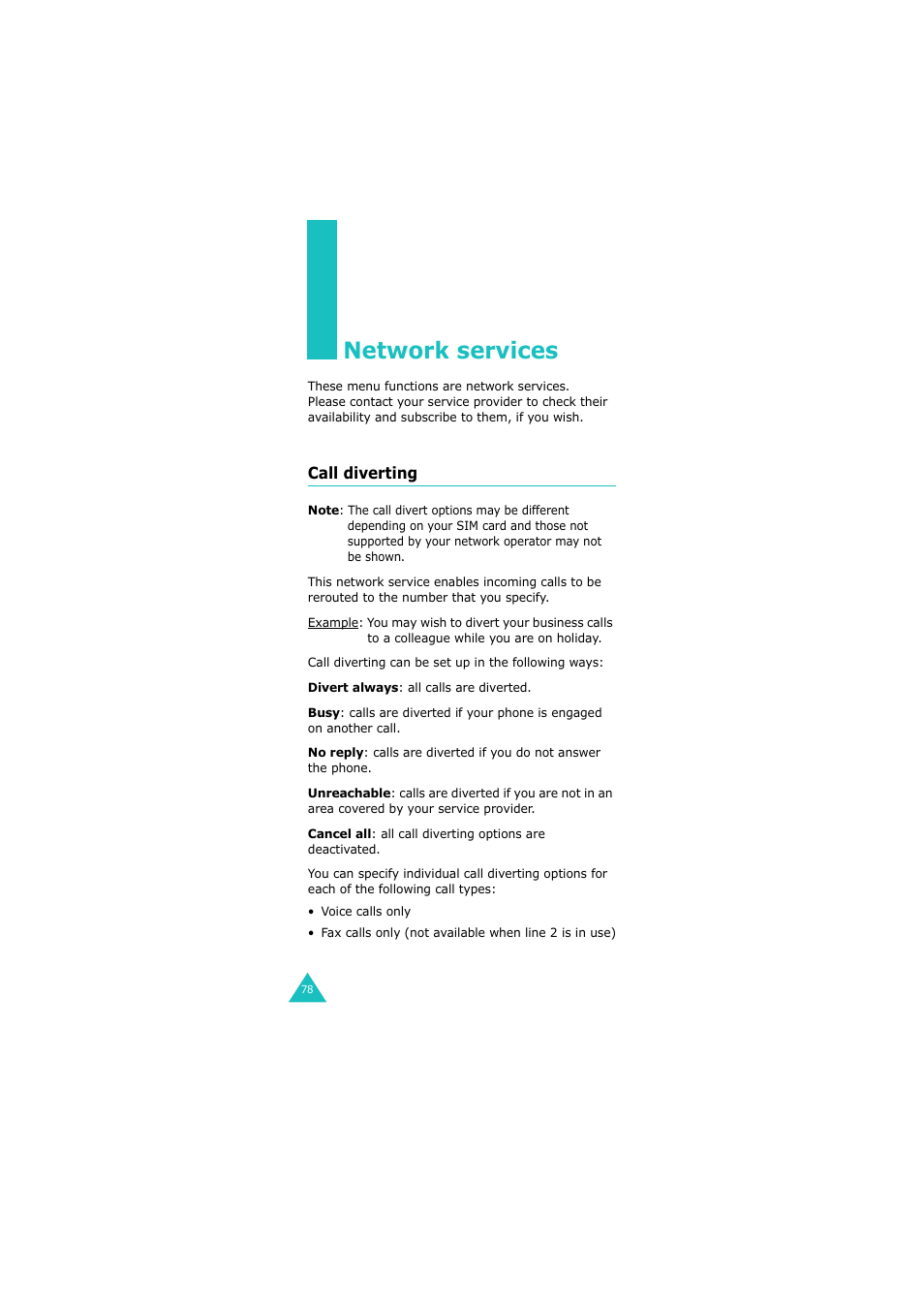 Network services, Call diverting | Samsung 08/2004 User Manual | Page 79 / 196