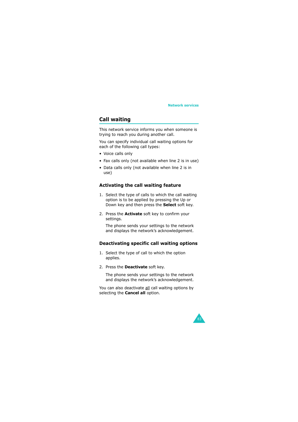 Call waiting | Samsung 08/2004 User Manual | Page 84 / 196