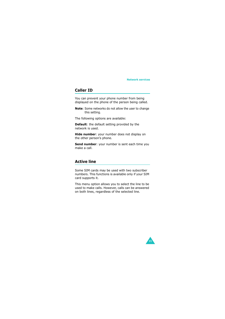 Caller id, Active line | Samsung 08/2004 User Manual | Page 86 / 196