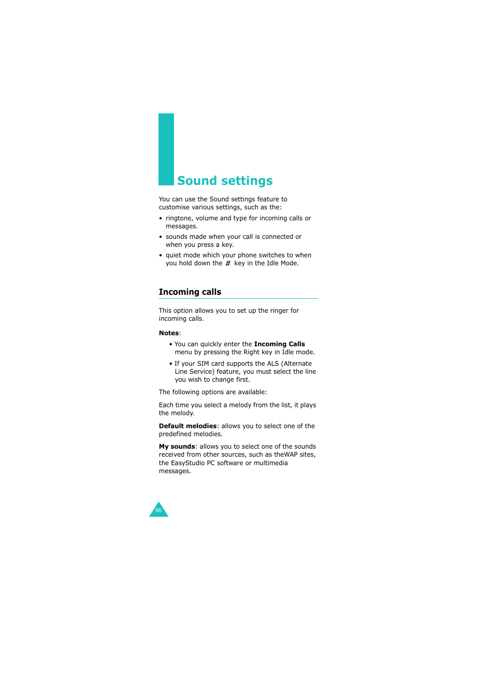 Sound settings, Incoming calls | Samsung 08/2004 User Manual | Page 87 / 196