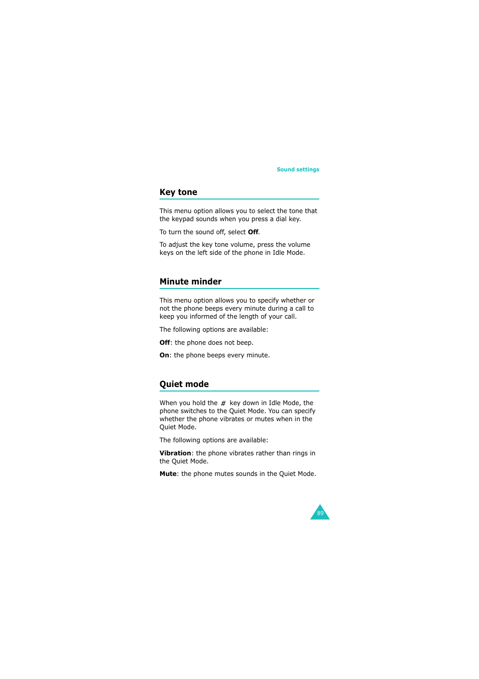Key tone, Minute minder, Quiet mode | Samsung 08/2004 User Manual | Page 90 / 196