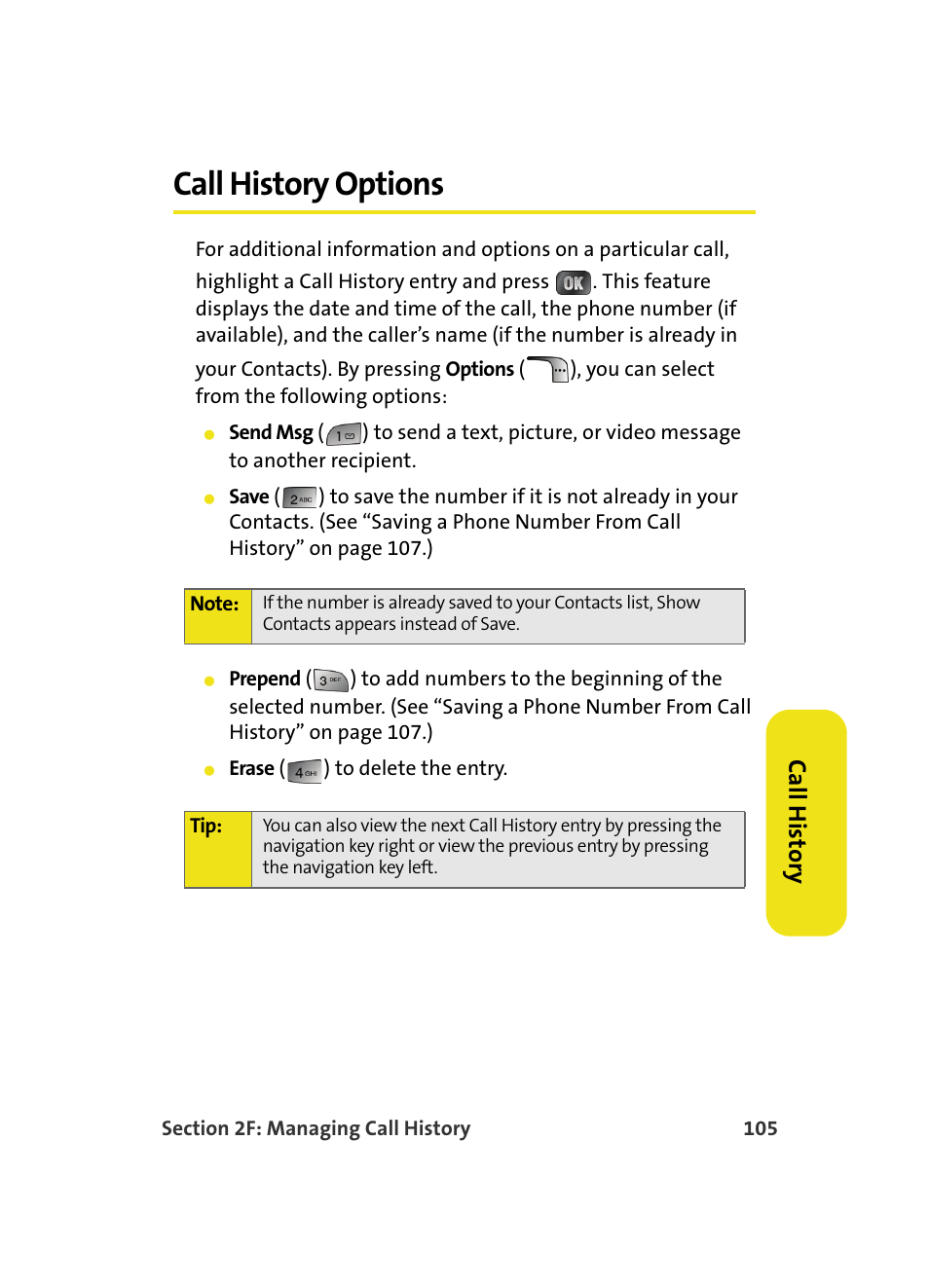 Call history options, Ca ll h is to ry | Samsung MM A880 User Manual | Page 113 / 278