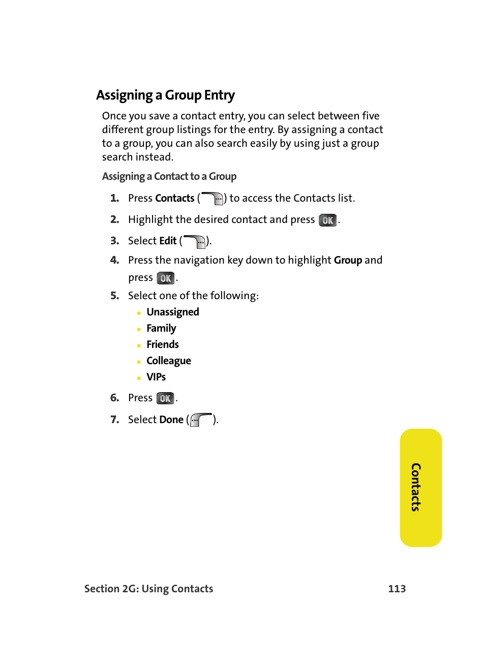 Assigning a group entry, Co n ta ct s | Samsung MM A880 User Manual | Page 121 / 278