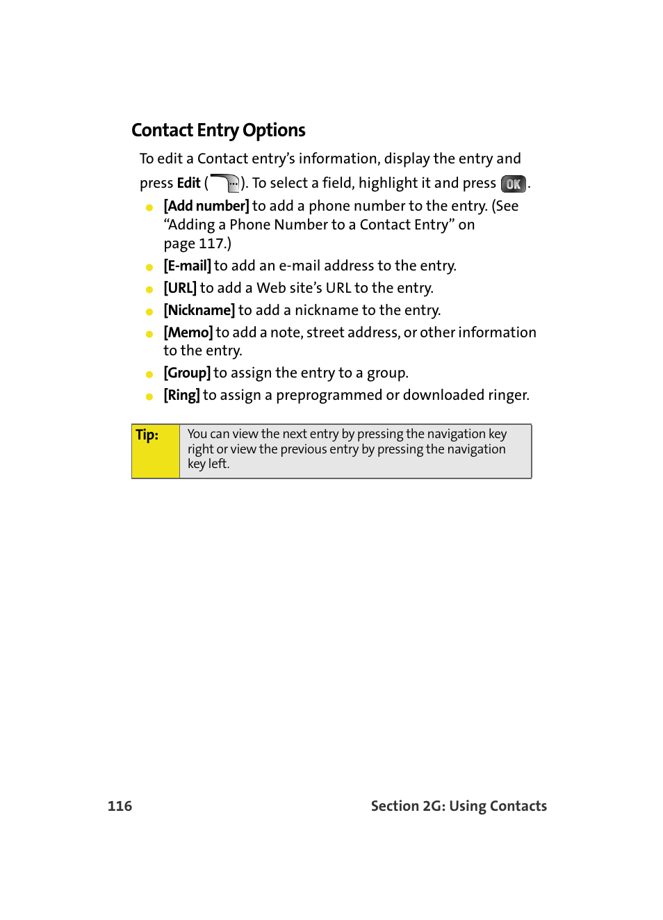 Contact entry options | Samsung MM A880 User Manual | Page 124 / 278