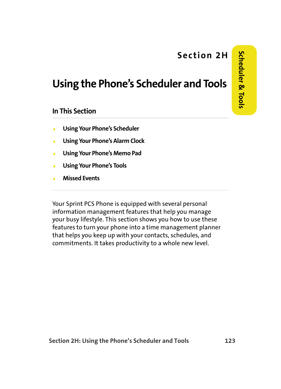 Using the phone’s scheduler and tools, 2h. using the phone’s scheduler and tools, Scheduler & t o ols | Samsung MM A880 User Manual | Page 131 / 278