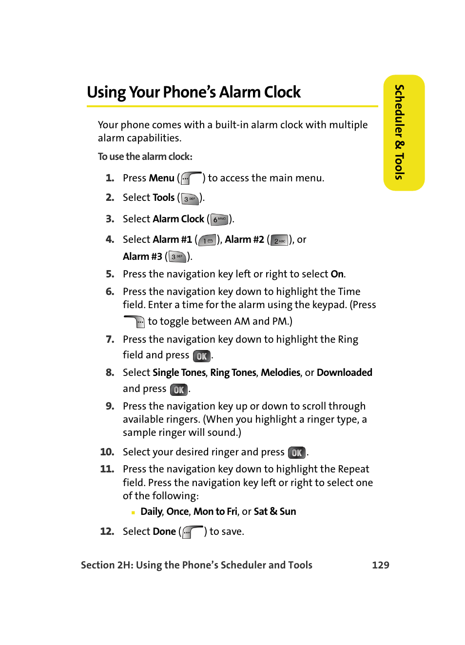 Using your phone’s alarm clock | Samsung MM A880 User Manual | Page 137 / 278