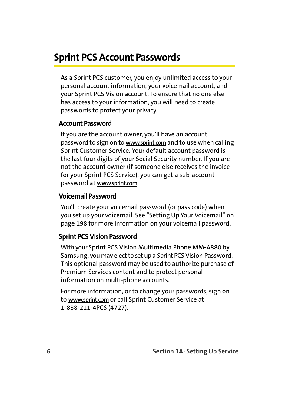 Sprint pcs account passwords | Samsung MM A880 User Manual | Page 14 / 278