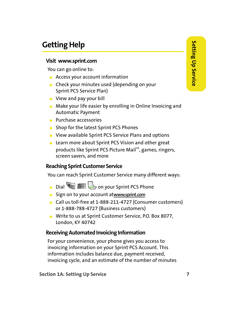 Getting help, Setting up ser v ic e, Visit | Reaching sprint customer service, Receiving automated invoicing information | Samsung MM A880 User Manual | Page 15 / 278