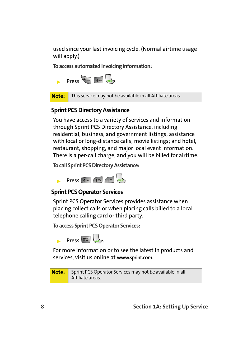 Sprint pcs directory assistance, Sprint pcs operator services | Samsung MM A880 User Manual | Page 16 / 278