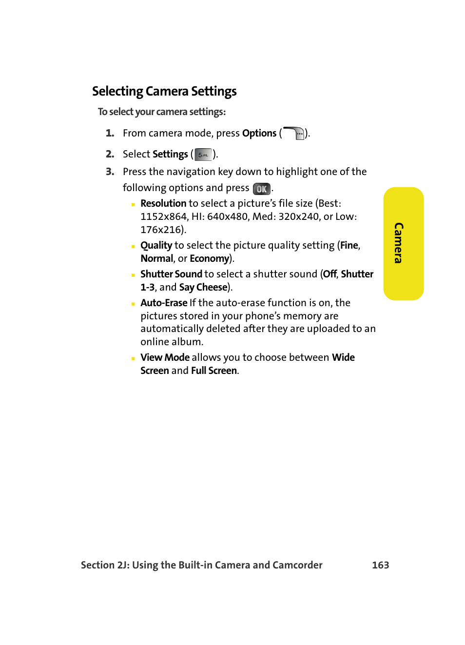 Selecting camera settings, Ca m e ra | Samsung MM A880 User Manual | Page 171 / 278