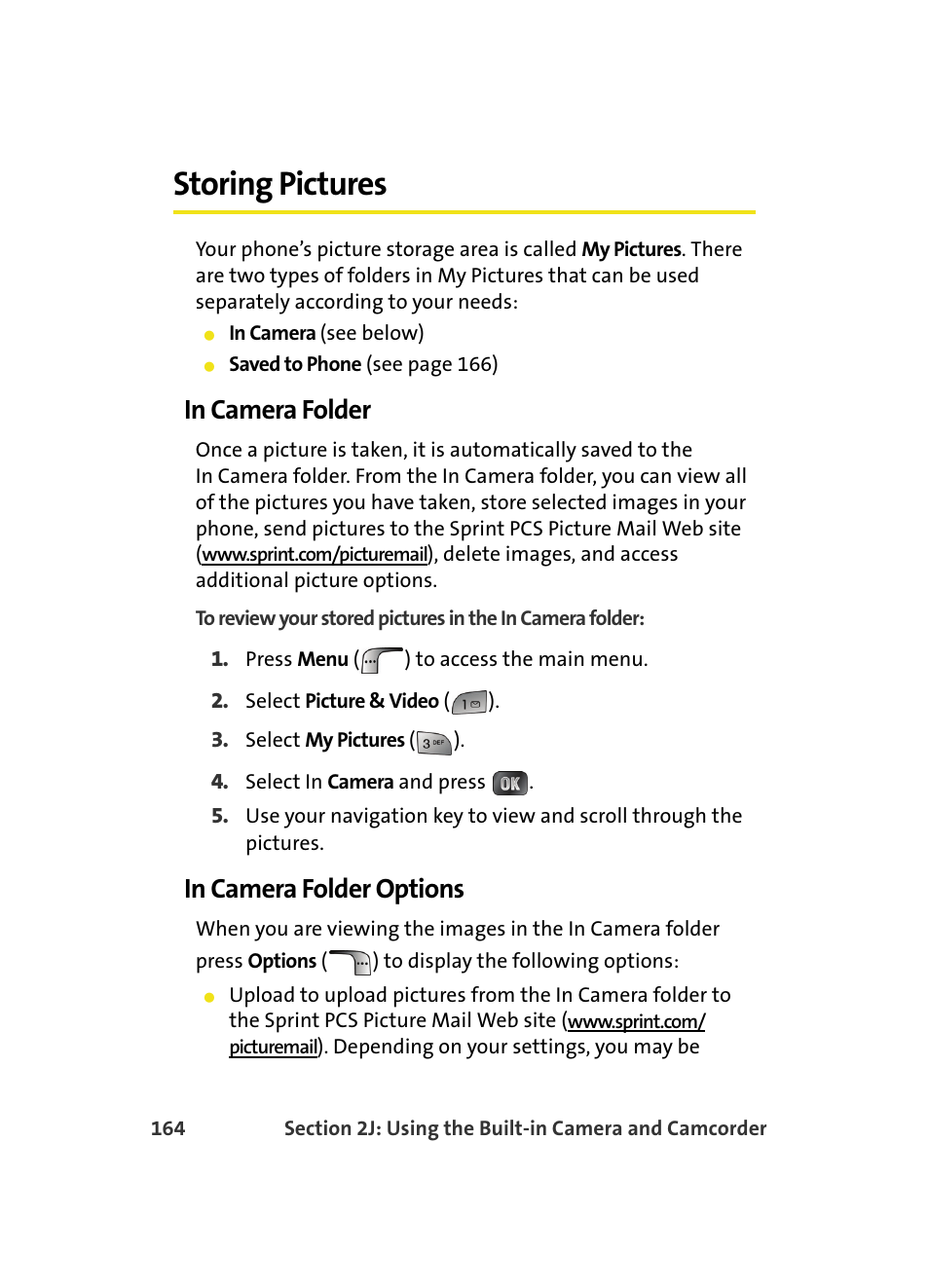Storing pictures, In camera folder, In camera folder options | Samsung MM A880 User Manual | Page 172 / 278
