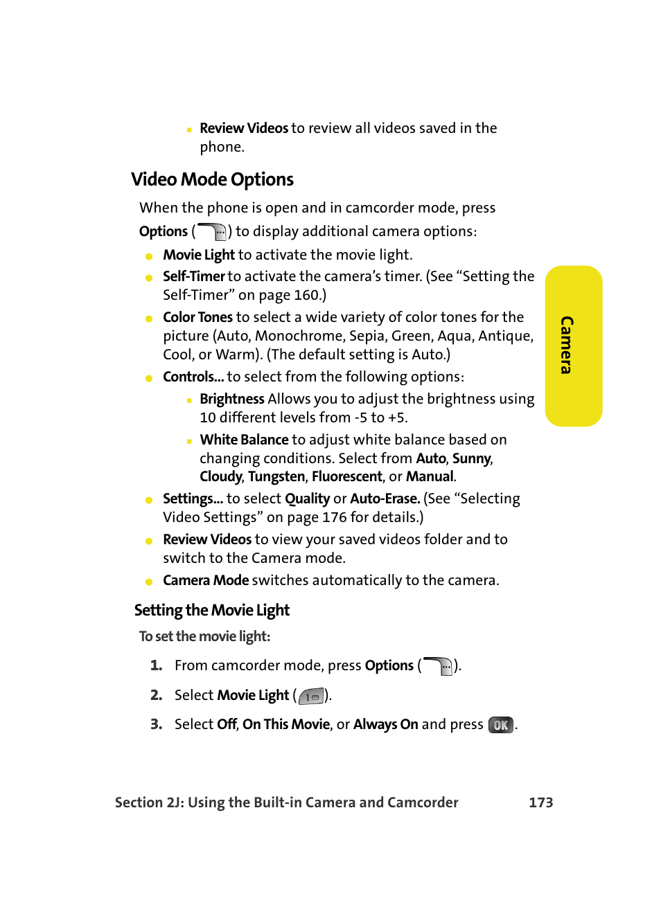 Video mode options, Ca m e ra, Setting the movie light | Samsung MM A880 User Manual | Page 181 / 278
