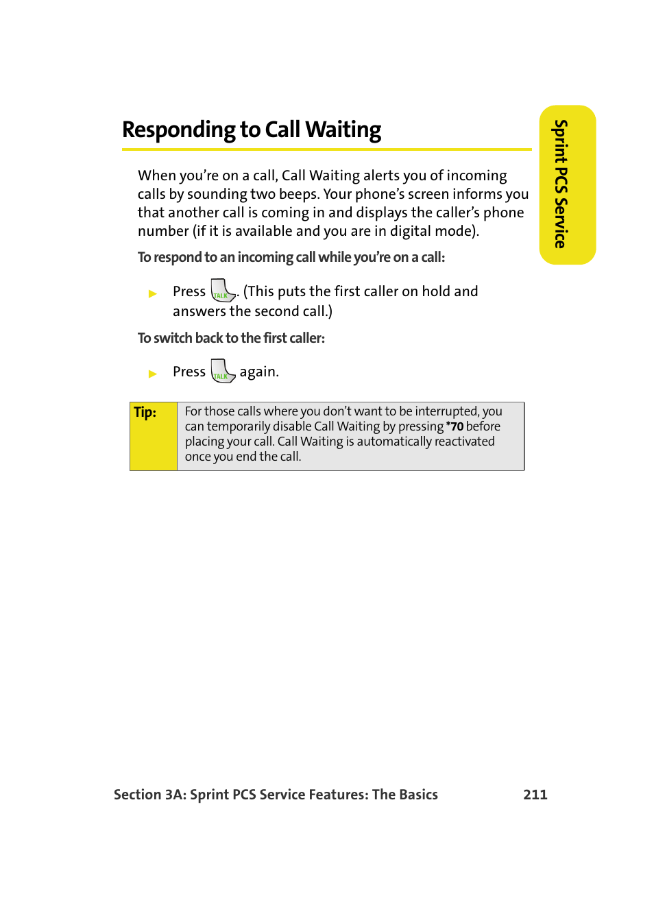 Responding to call waiting, Sprin t pcs ser vice | Samsung MM A880 User Manual | Page 219 / 278