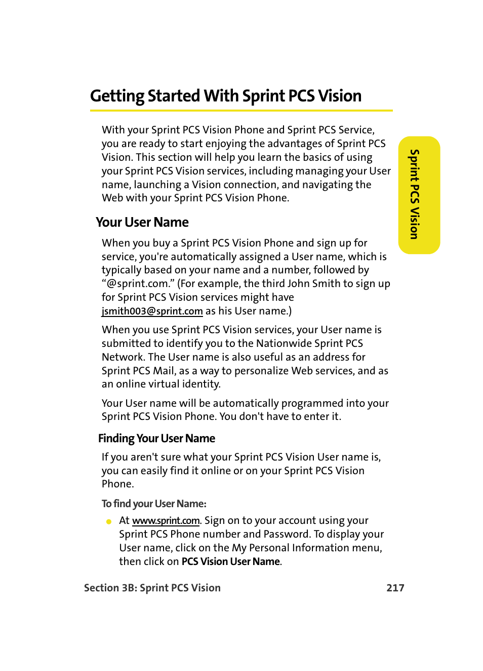 Getting started with sprint pcs vision, Your user name | Samsung MM A880 User Manual | Page 225 / 278