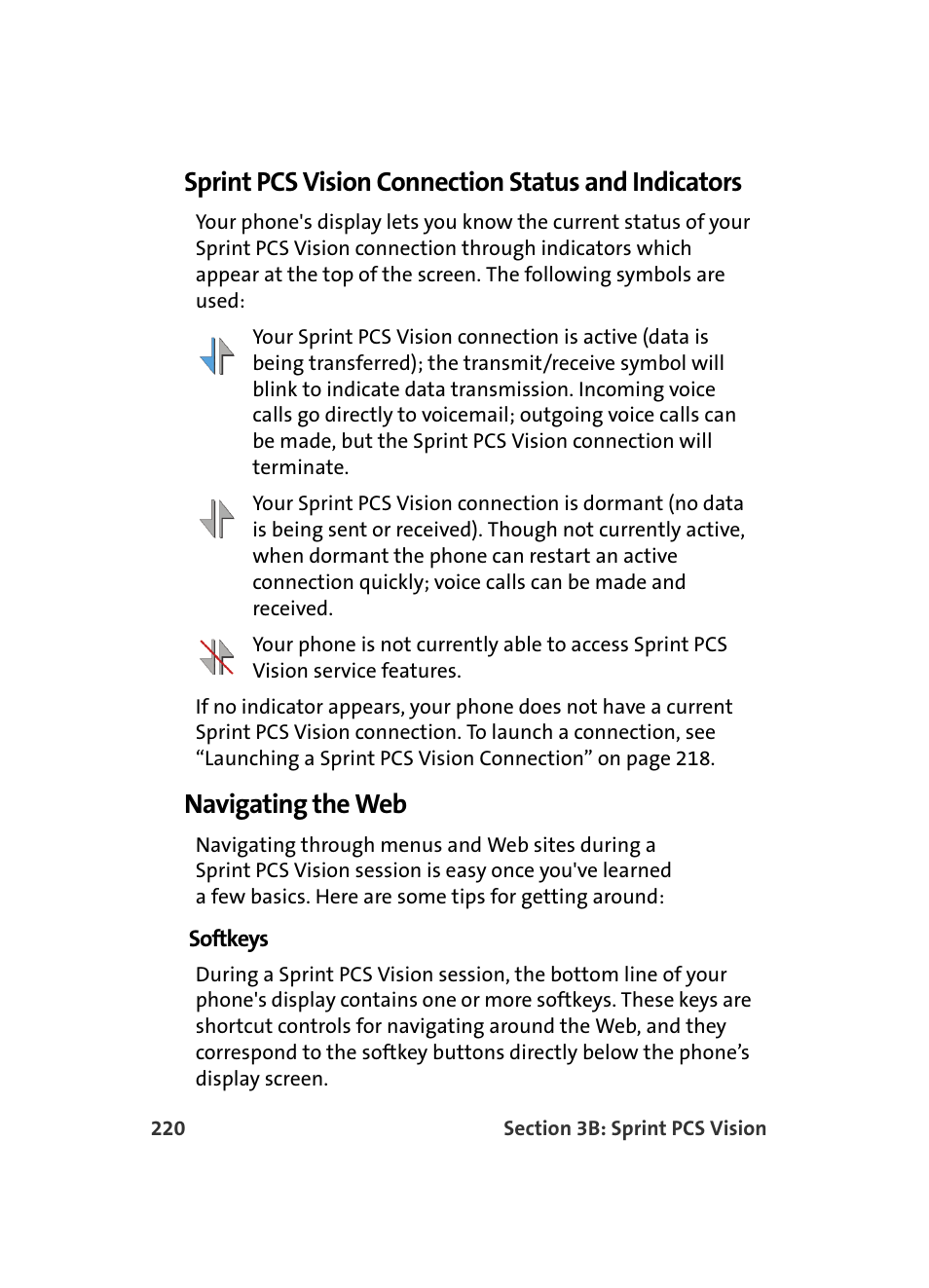 Sprint pcs vision connection status and indicators, Navigating the web | Samsung MM A880 User Manual | Page 228 / 278