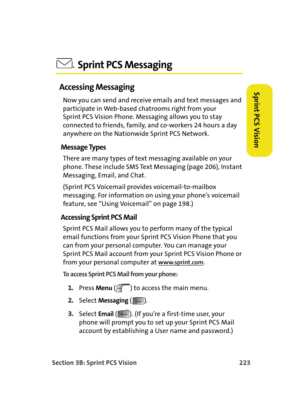 Sprint pcs messaging, Accessing messaging | Samsung MM A880 User Manual | Page 231 / 278