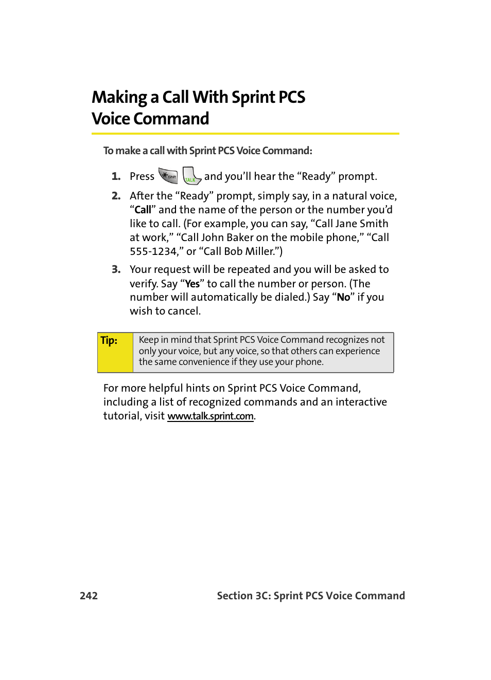 Making a call with sprint pcs voice command | Samsung MM A880 User Manual | Page 250 / 278