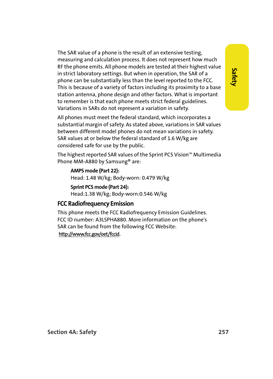 Saf e ty, Fcc radiofrequency emission | Samsung MM A880 User Manual | Page 265 / 278