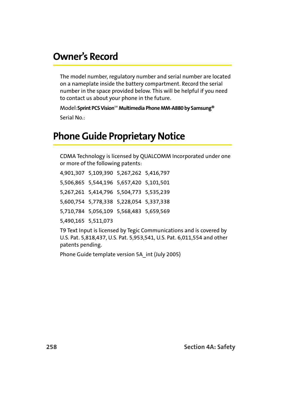 Owner’s record, Phone guide proprietary notice | Samsung MM A880 User Manual | Page 266 / 278