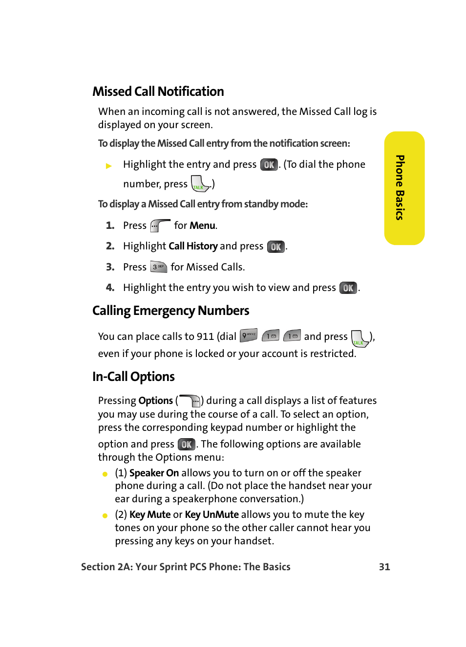 Missed call notification, Calling emergency numbers, In-call options | Samsung MM A880 User Manual | Page 39 / 278