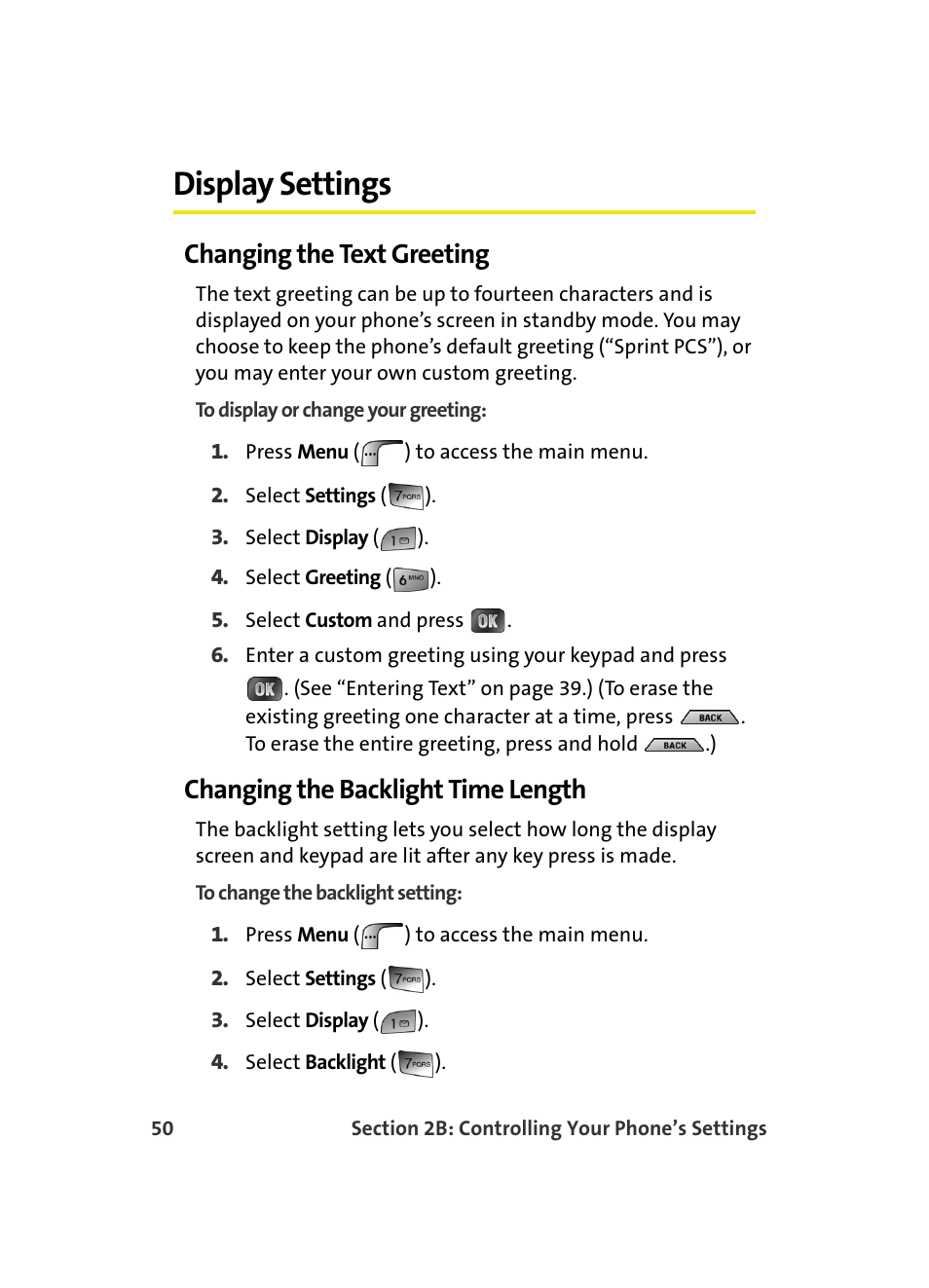 Display settings, Changing the text greeting, Changing the backlight time length | Samsung MM A880 User Manual | Page 58 / 278