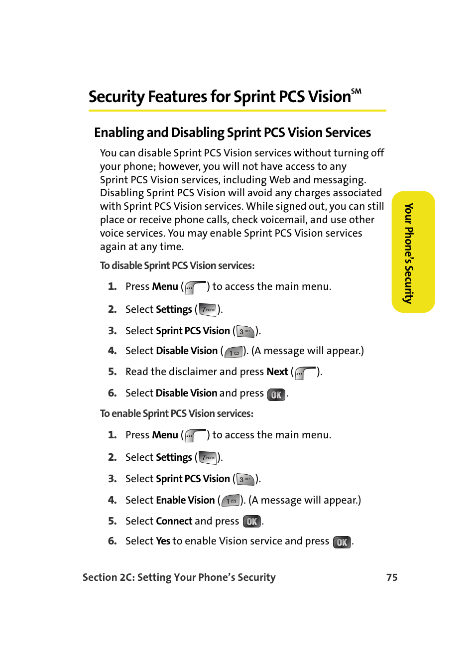Security features for sprint pcs visionsm, Enabling and disabling sprint pcs vision services, Security features for sprint pcs vision | Samsung MM A880 User Manual | Page 83 / 278