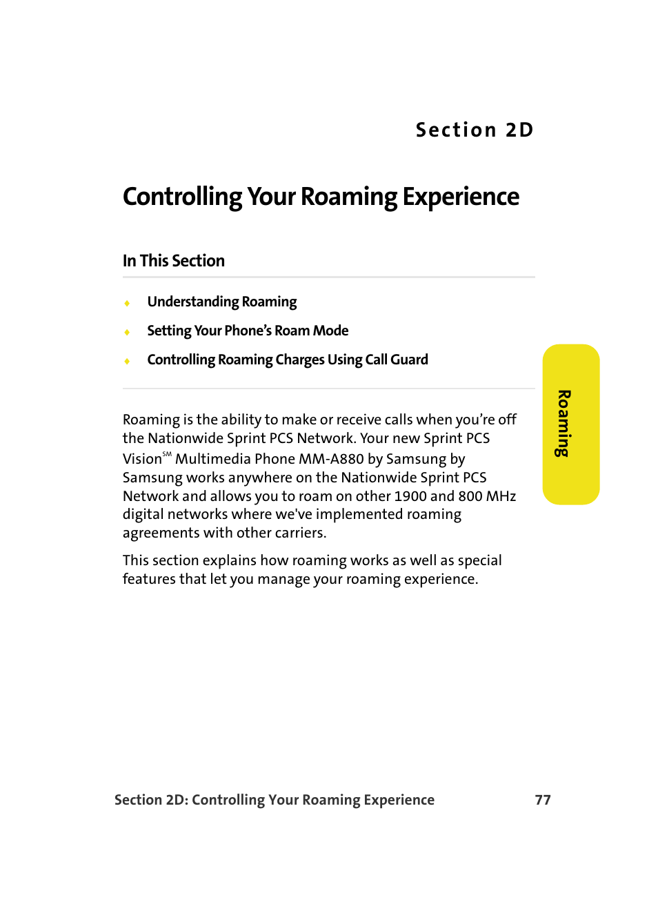 Controlling your roaming experience, 2d. controlling your roaming experience, Ro a m in g | Samsung MM A880 User Manual | Page 85 / 278