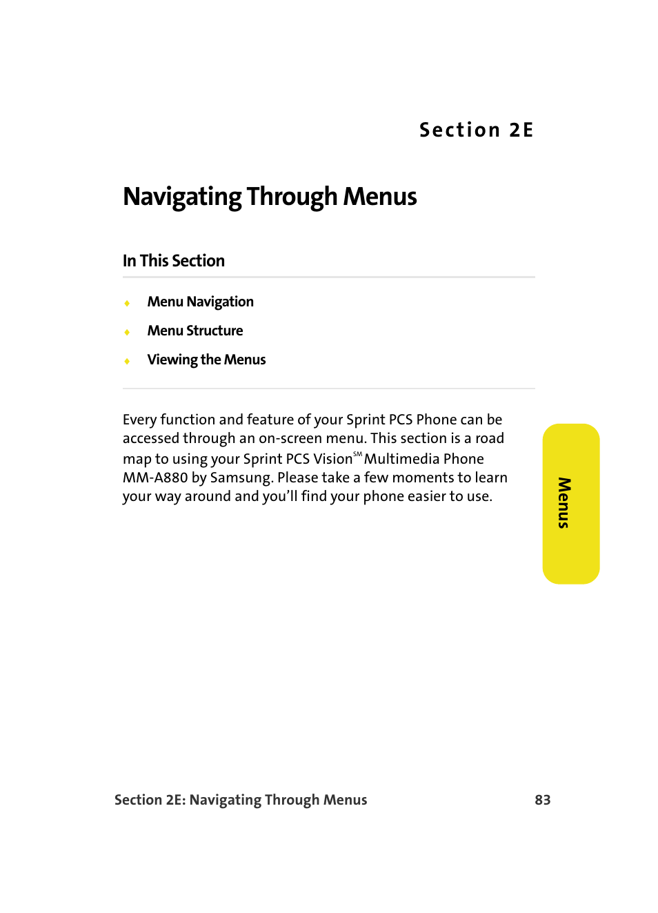 Navigating through menus, 2e. navigating through menus, Menus | Samsung MM A880 User Manual | Page 91 / 278