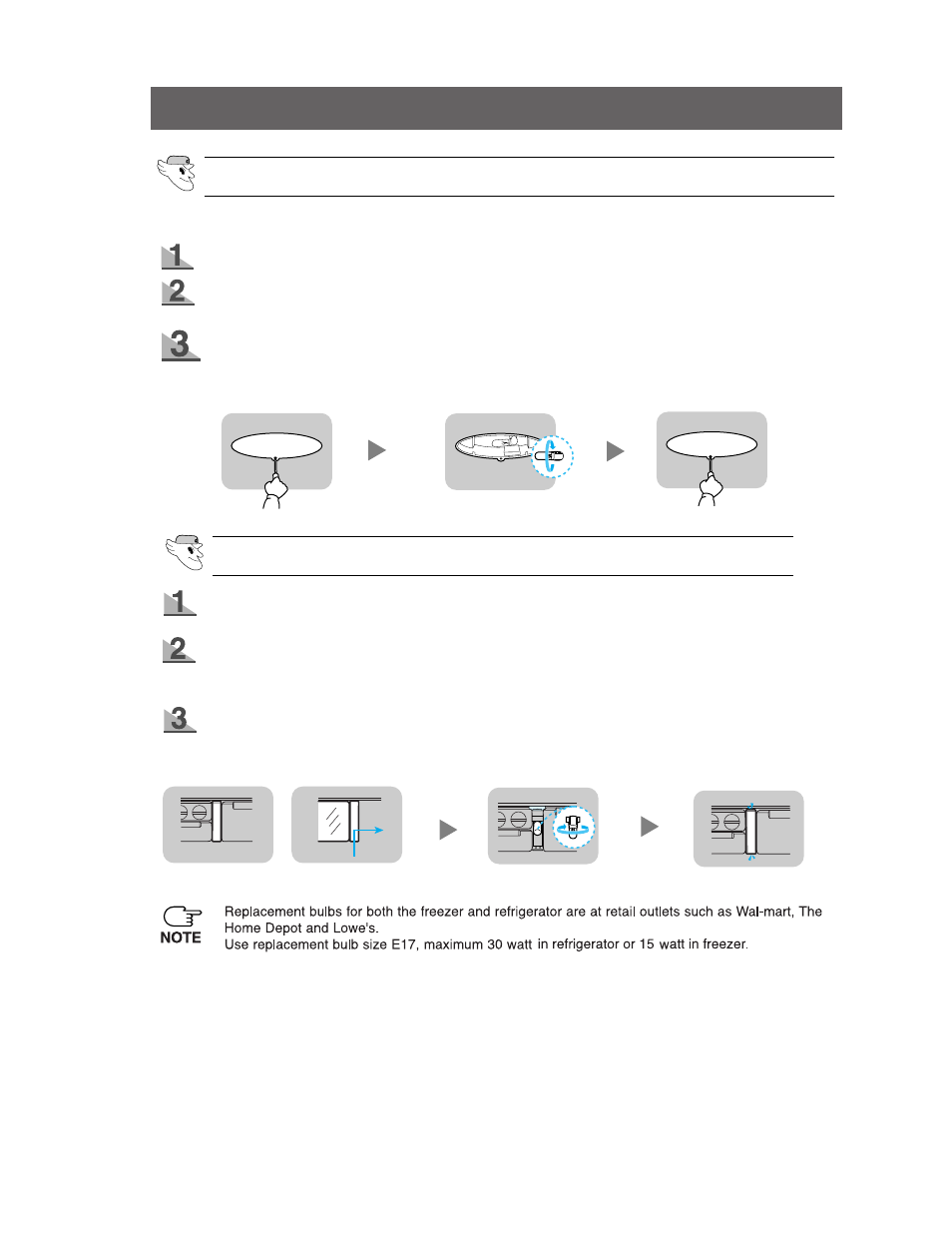 Replacing interior lights, Refrigerator light bulb, Freezer light bulb | Samsung RB2055SL User Manual | Page 12 / 14