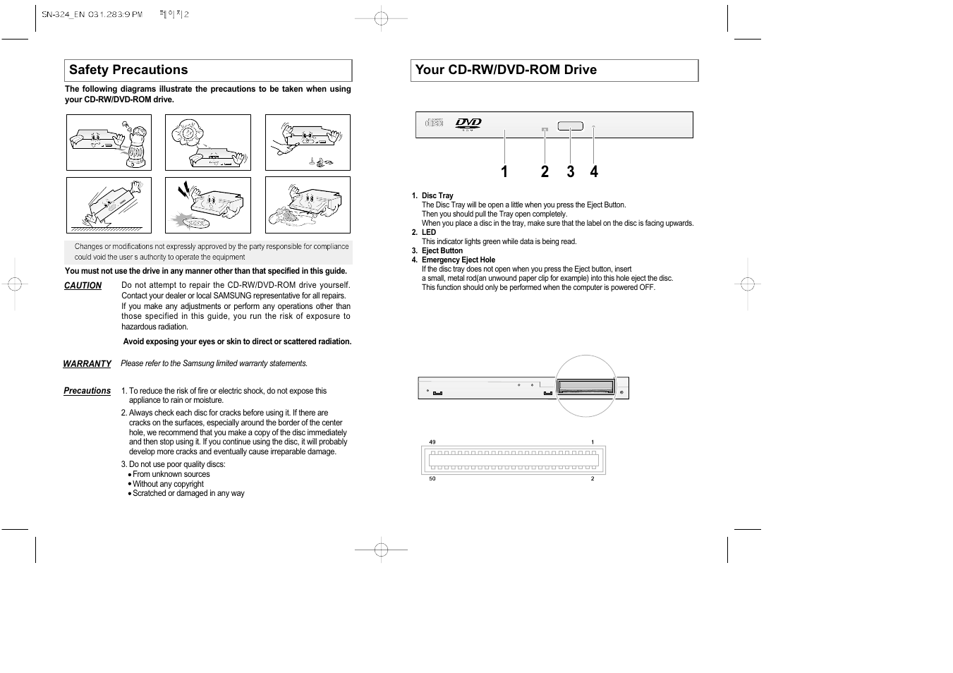 Your cd-rw/dvd-rom drive, Safety precautions | Samsung SN-324 User Manual | Page 2 / 5