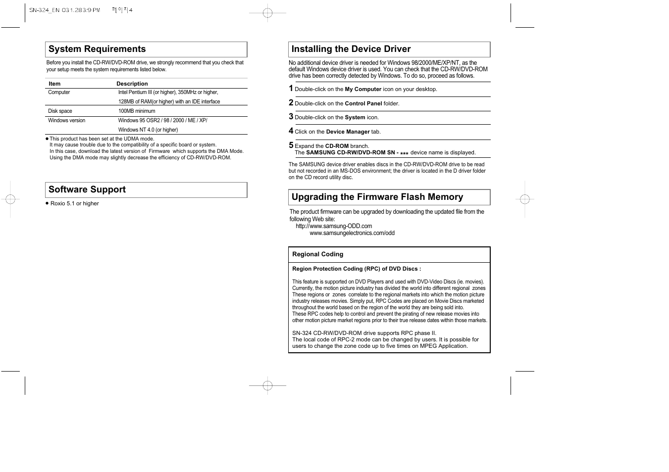 Installing the device driver, System requirements software support | Samsung SN-324 User Manual | Page 3 / 5