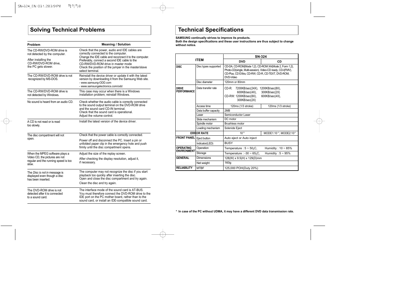 Solving technical problems, Technical specifications | Samsung SN-324 User Manual | Page 5 / 5