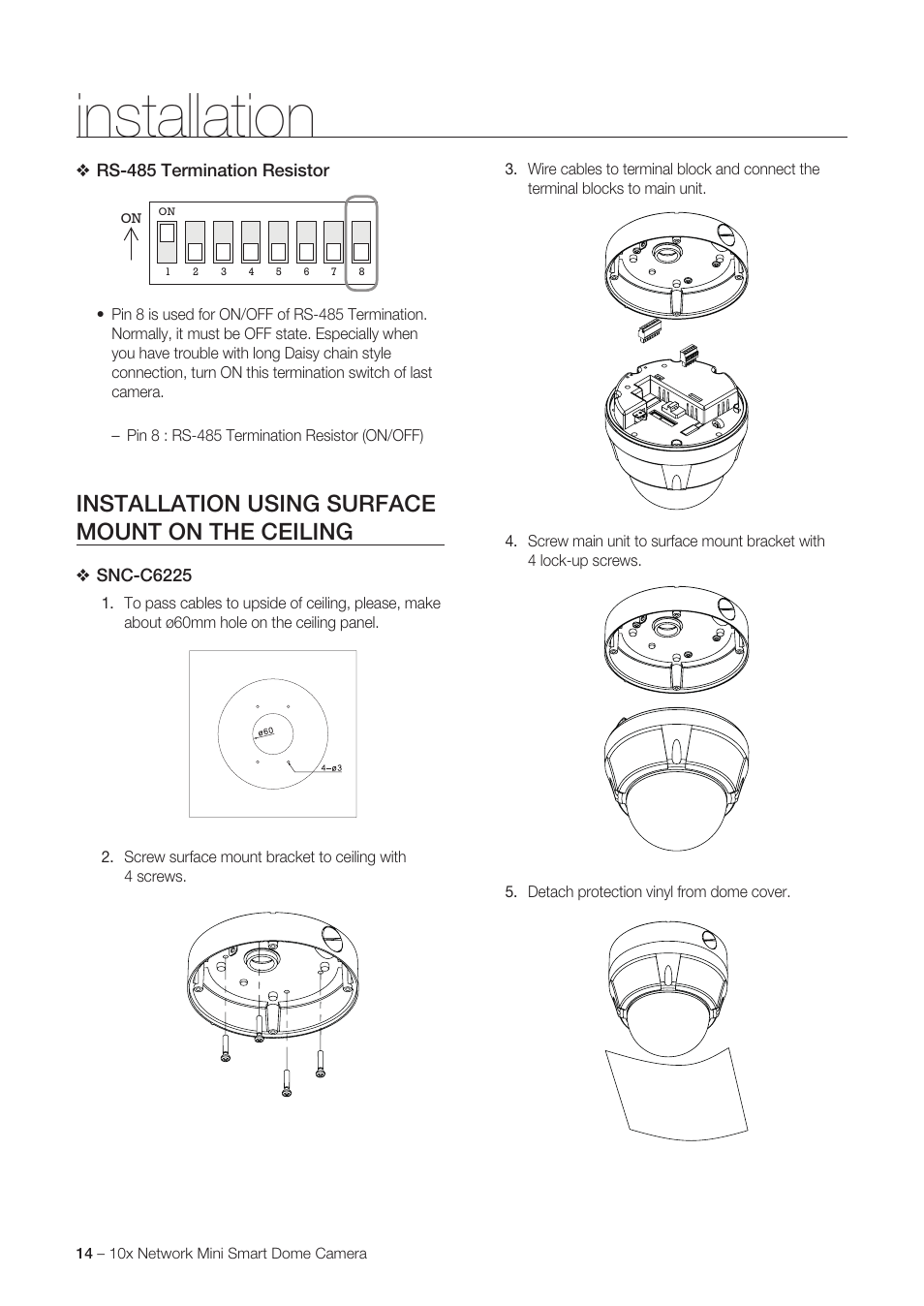 Installation, Installation using surface mount on the ceiling | Samsung SNC-C6225 User Manual | Page 14 / 76