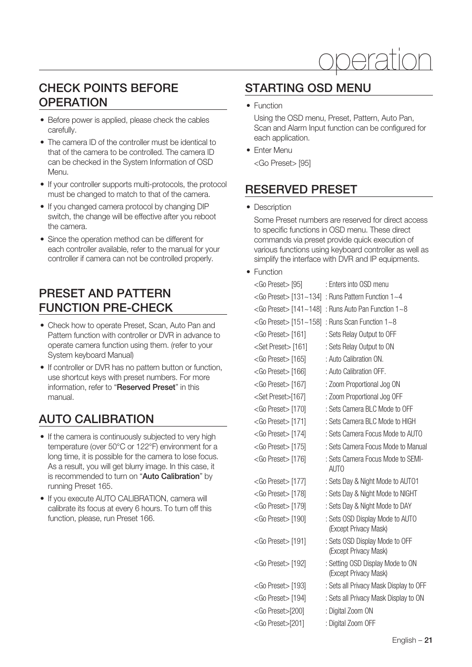 Operation, Check points before operation, Preset and pattern function pre-check | Auto calibration, Starting osd menu, Reserved preset | Samsung SNC-C6225 User Manual | Page 21 / 76