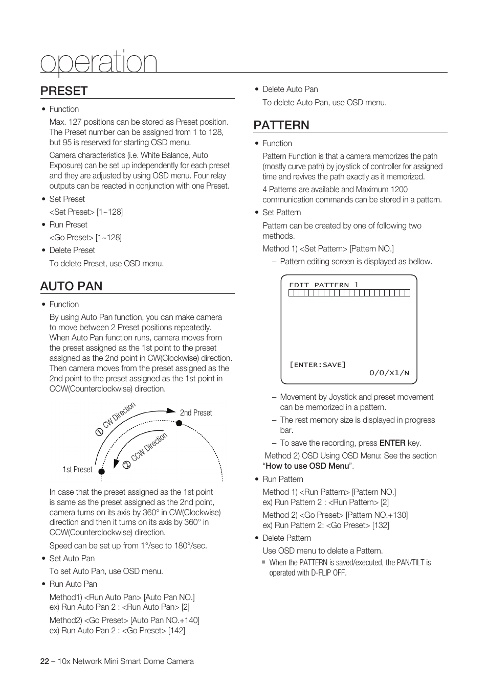 Operation, Preset, Auto pan | Pattern | Samsung SNC-C6225 User Manual | Page 22 / 76