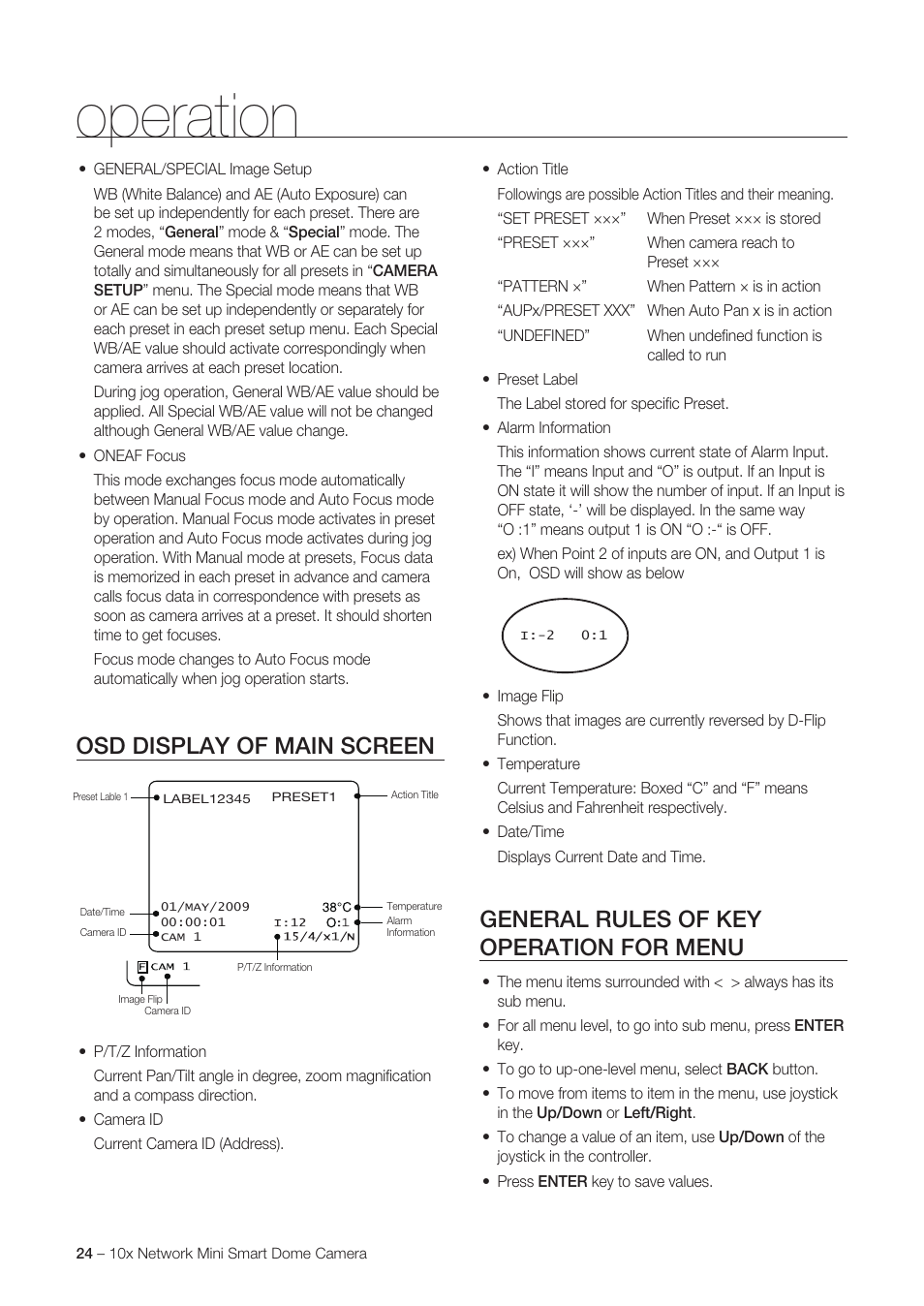 Operation, Osd display of main screen, General rules of key operation for menu | Samsung SNC-C6225 User Manual | Page 24 / 76