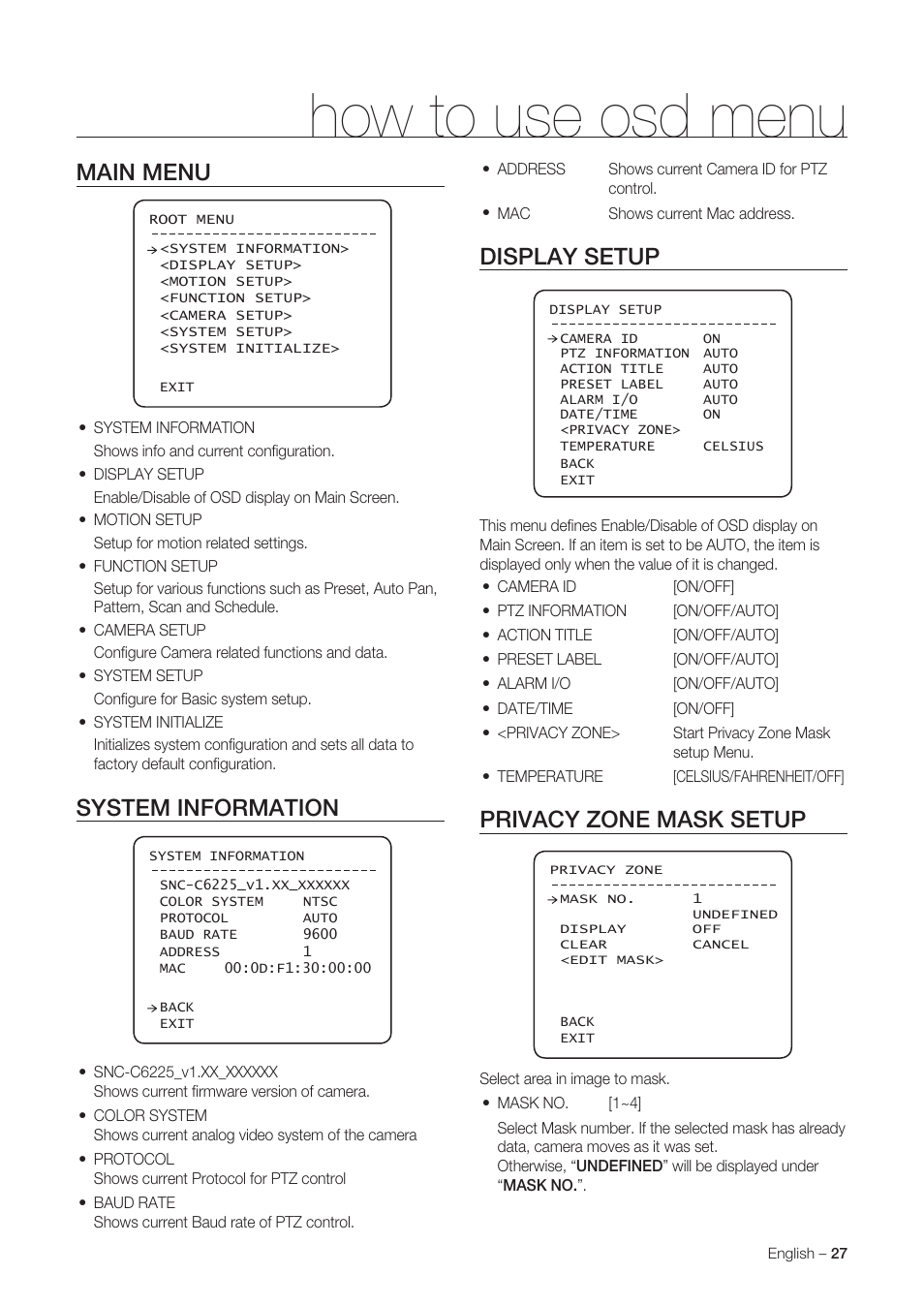 How to use osd menu, Main menu, System information | Display setup, Privacy zone mask setup | Samsung SNC-C6225 User Manual | Page 27 / 76