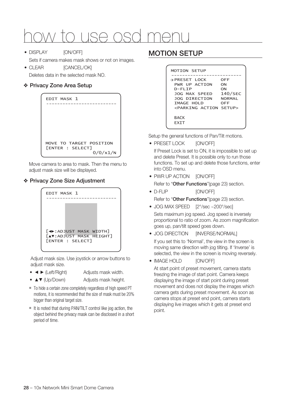 How to use osd menu, Motion setup | Samsung SNC-C6225 User Manual | Page 28 / 76