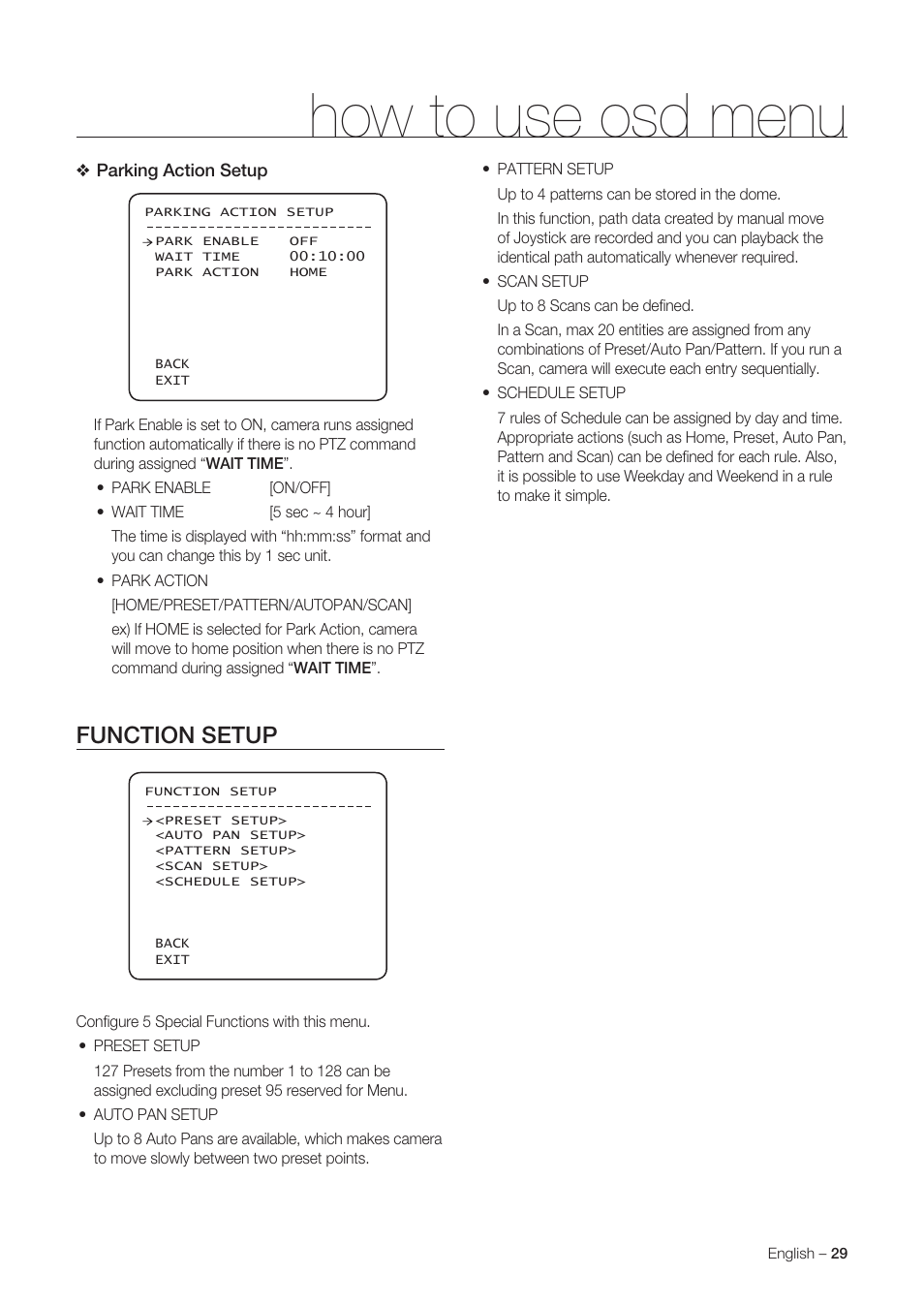 How to use osd menu, Function setup | Samsung SNC-C6225 User Manual | Page 29 / 76