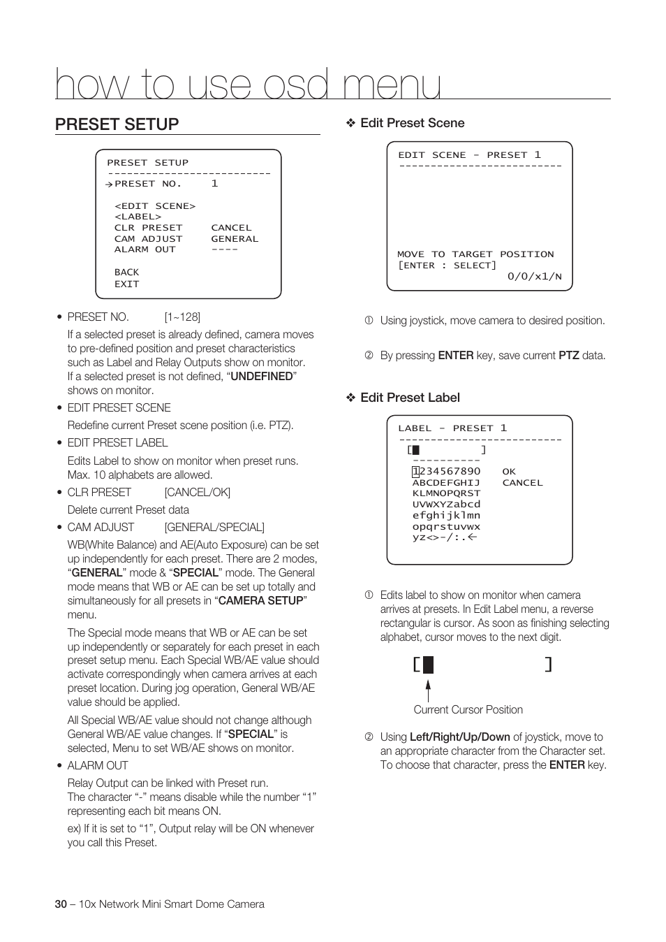 How to use osd menu, Preset setup | Samsung SNC-C6225 User Manual | Page 30 / 76