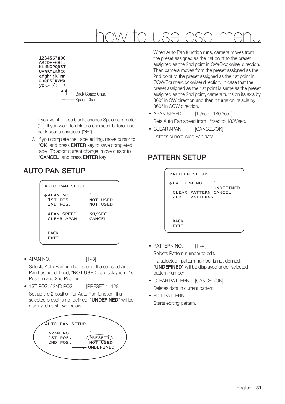 How to use osd menu, Auto pan setup, Pattern setup | Samsung SNC-C6225 User Manual | Page 31 / 76