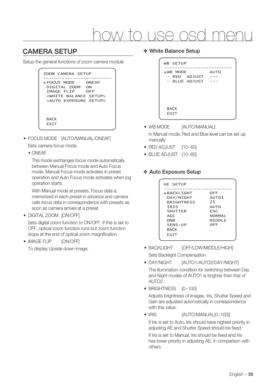 How to use osd menu, Camera setup | Samsung SNC-C6225 User Manual | Page 35 / 76