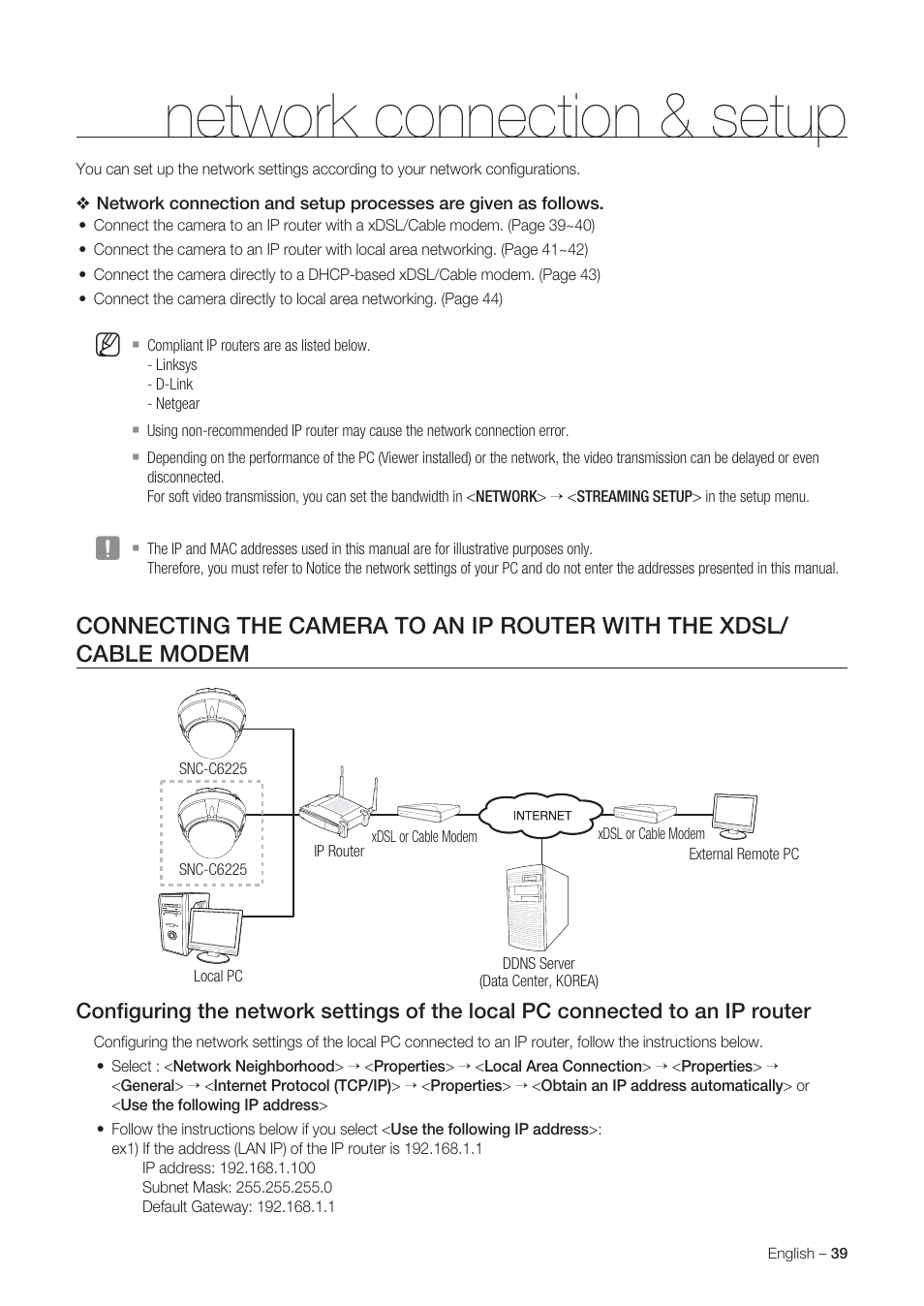 Network connection & setup | Samsung SNC-C6225 User Manual | Page 39 / 76