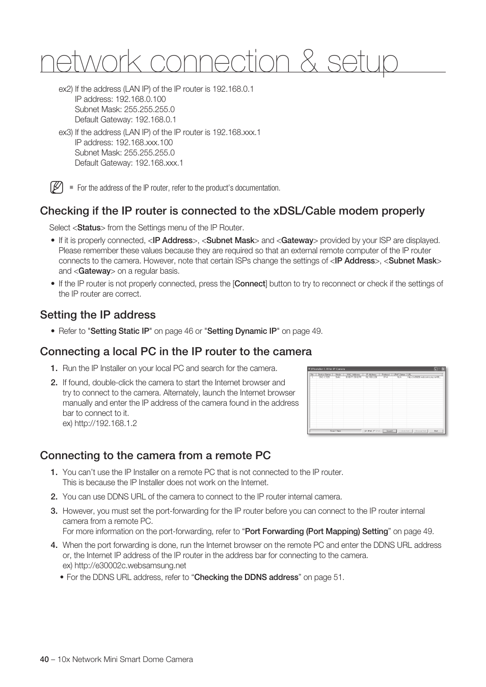 Network connection & setup, Setting the ip address, Connecting to the camera from a remote pc | Samsung SNC-C6225 User Manual | Page 40 / 76