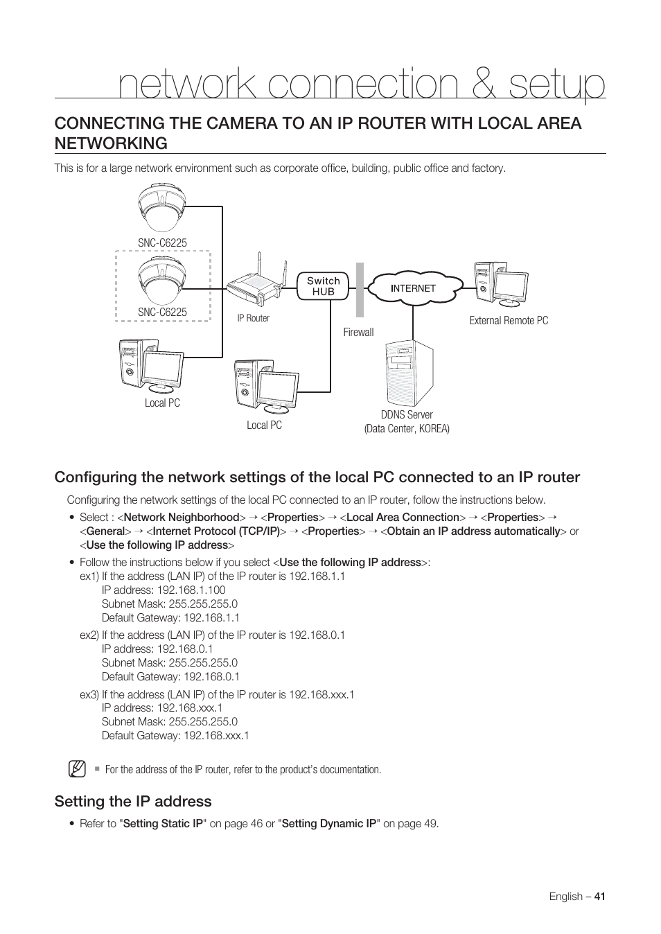 Network connection & setup, Setting the ip address | Samsung SNC-C6225 User Manual | Page 41 / 76