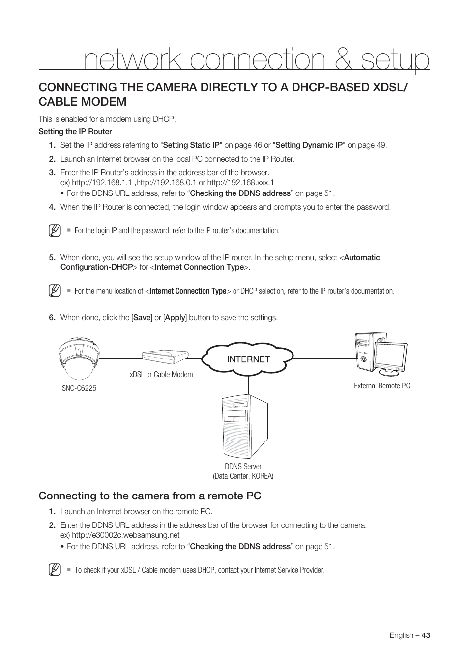 Network connection & setup, Connecting to the camera from a remote pc | Samsung SNC-C6225 User Manual | Page 43 / 76