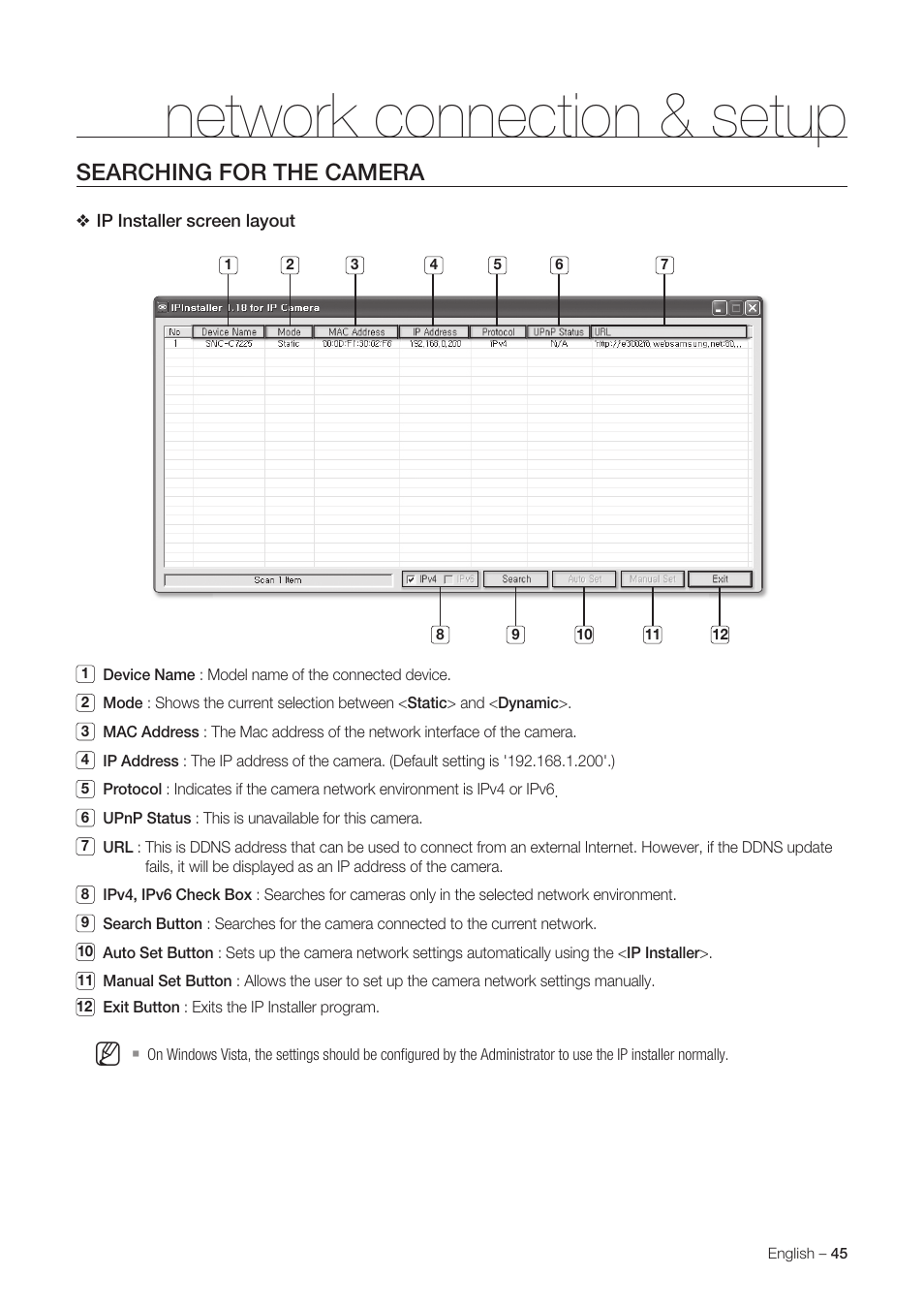 Network connection & setup, Searching for the camera | Samsung SNC-C6225 User Manual | Page 45 / 76