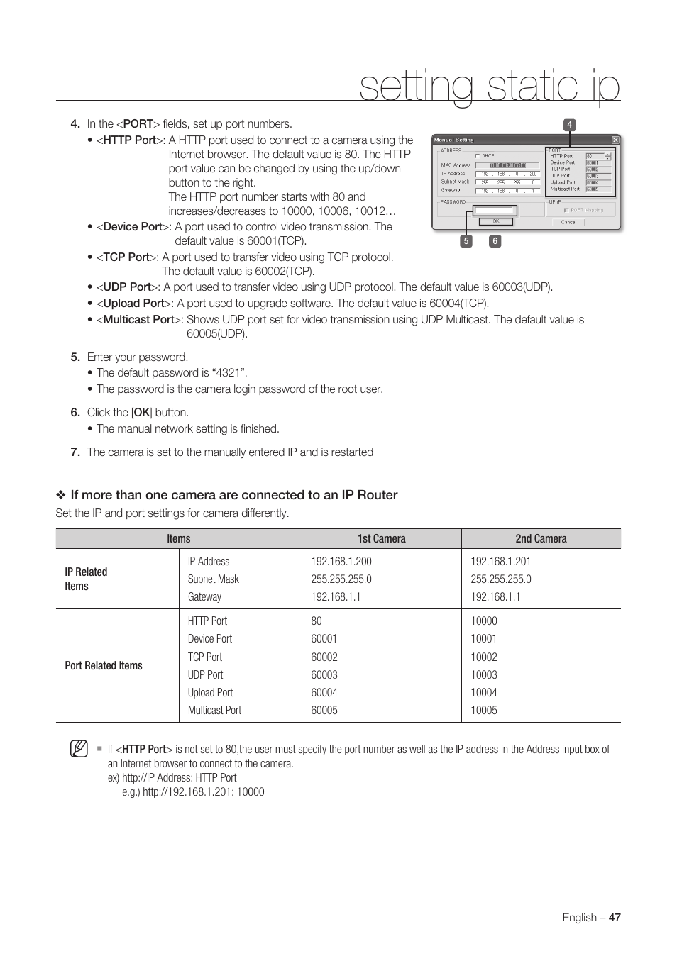 Setting static ip | Samsung SNC-C6225 User Manual | Page 47 / 76