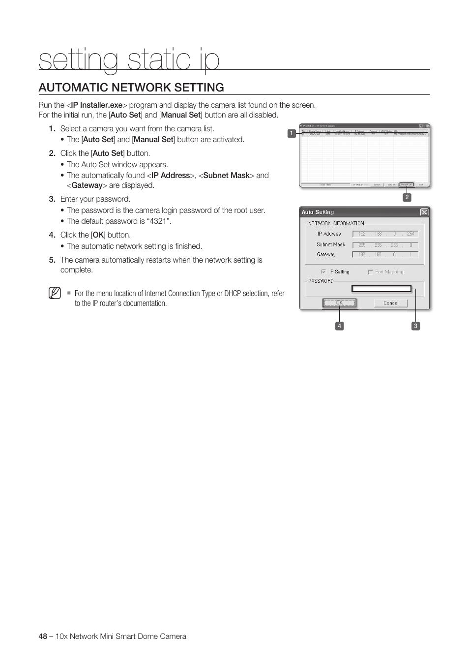 Setting static ip, Automatic network setting | Samsung SNC-C6225 User Manual | Page 48 / 76
