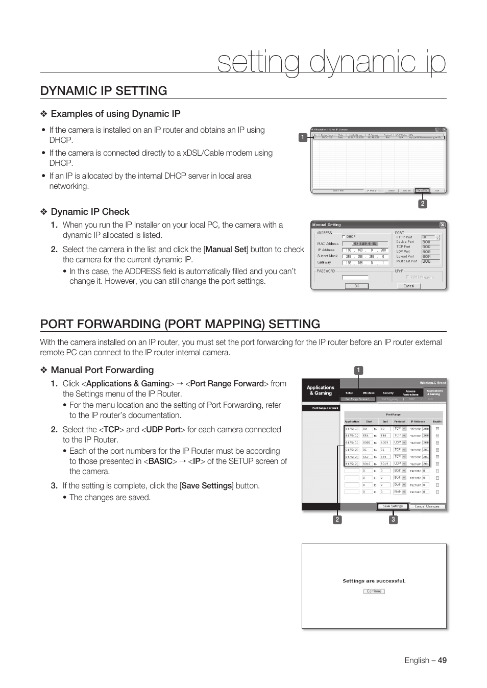 Setting dynamic ip, Dynamic ip setting, Port forwarding (port mapping) setting | Samsung SNC-C6225 User Manual | Page 49 / 76